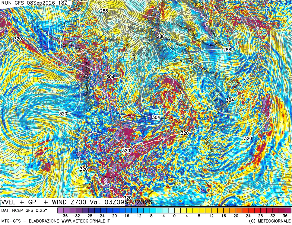 mappa 700 hPa Velocità verticiali + GPT + Vento