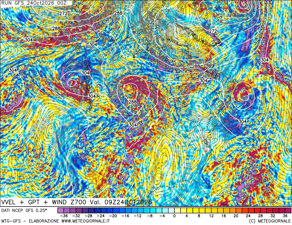 mappa 700 hPa Velocità verticiali + GPT + Vento