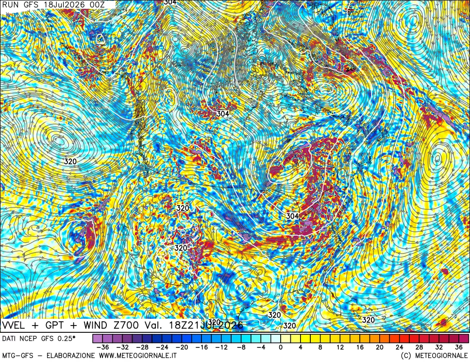 mappa 700 hPa Velocità verticiali + GPT + Vento