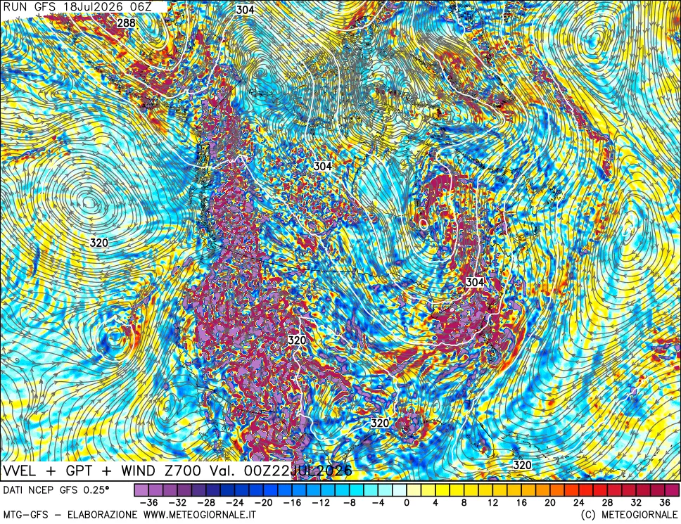 mappa 700 hPa Velocità verticiali + GPT + Vento