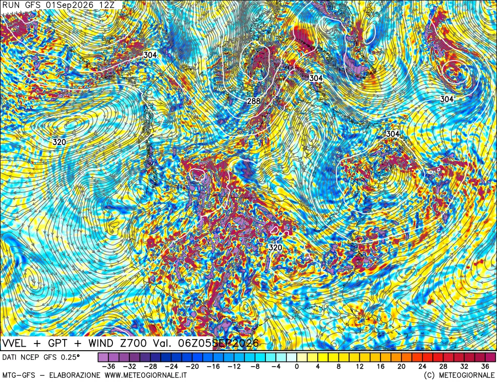 mappa 700 hPa Velocità verticiali + GPT + Vento