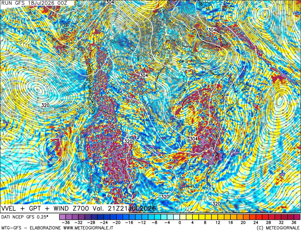 mappa 700 hPa Velocità verticiali + GPT + Vento