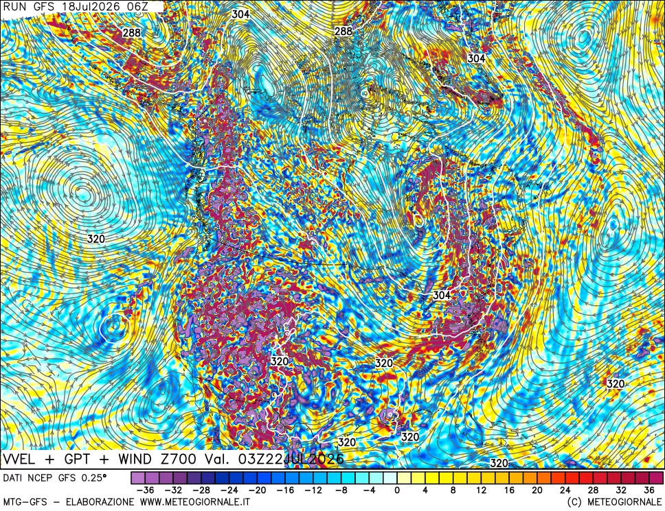 mappa 700 hPa Velocità verticiali + GPT + Vento
