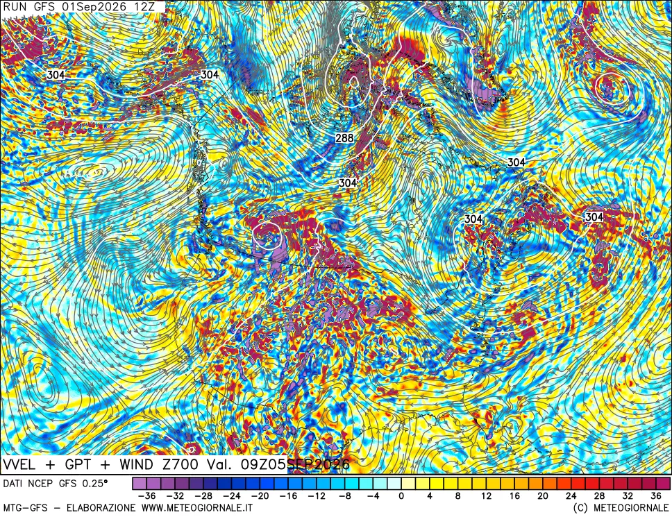 mappa 700 hPa Velocità verticiali + GPT + Vento