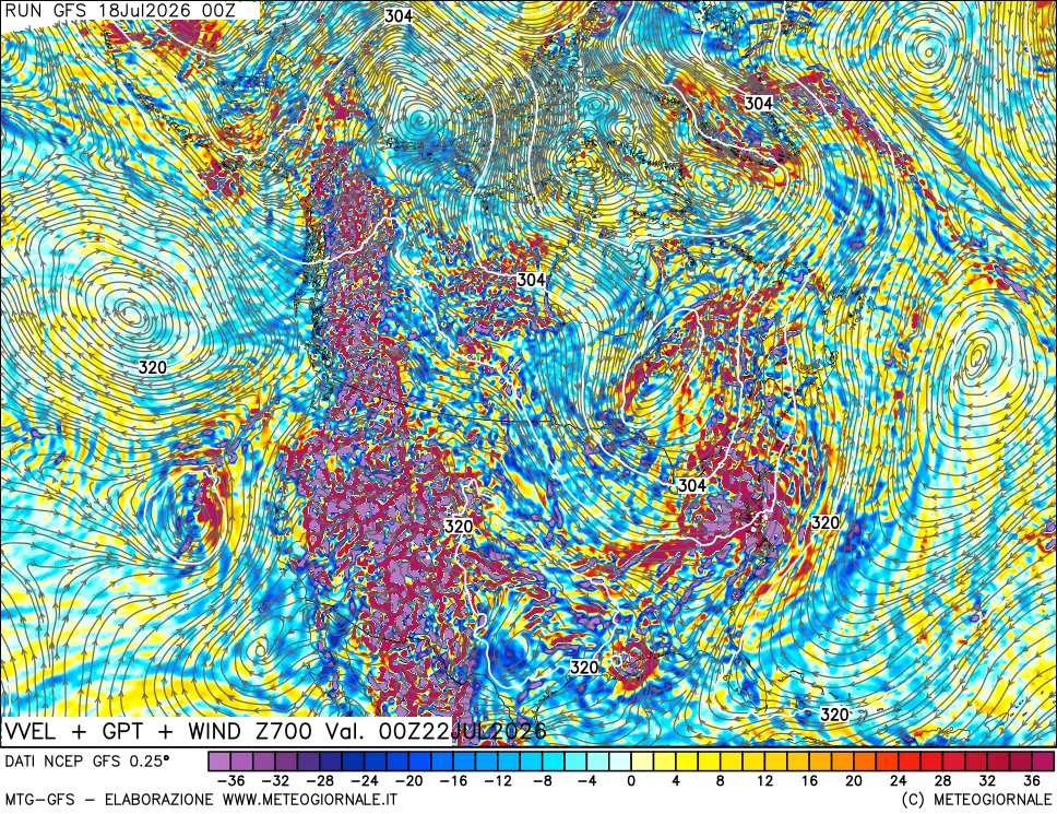 mappa 700 hPa Velocità verticiali + GPT + Vento