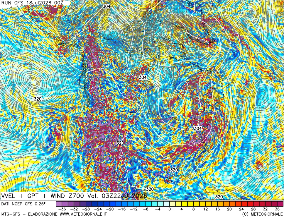 mappa 700 hPa Velocità verticiali + GPT + Vento