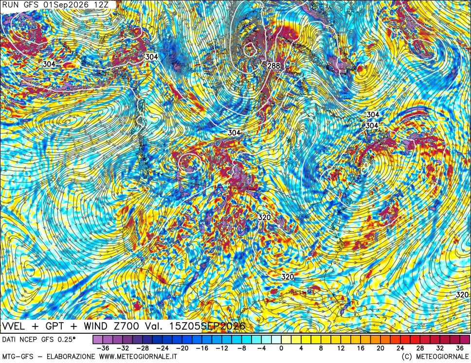mappa 700 hPa Velocità verticiali + GPT + Vento