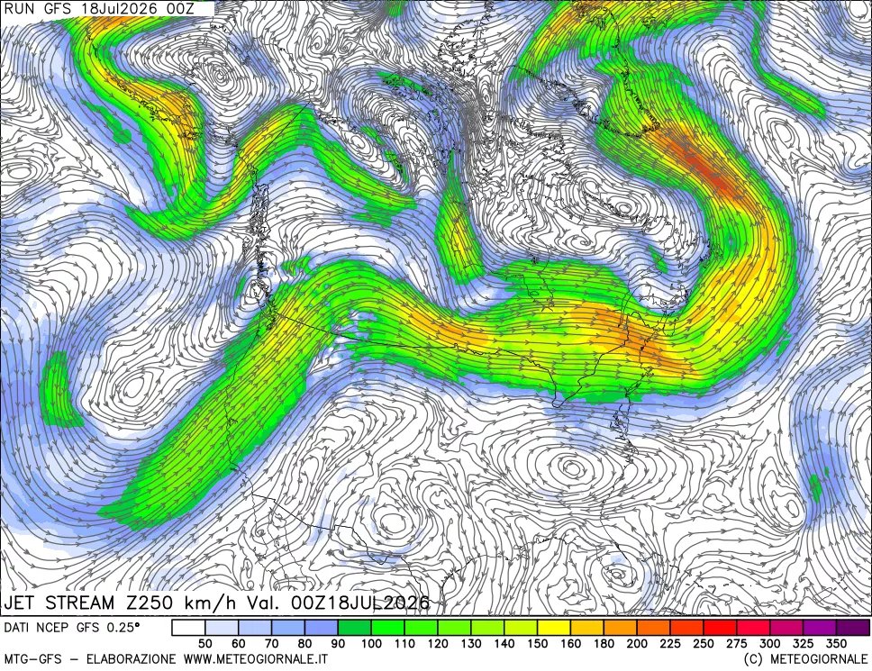mappa 250 hPa Jet stream