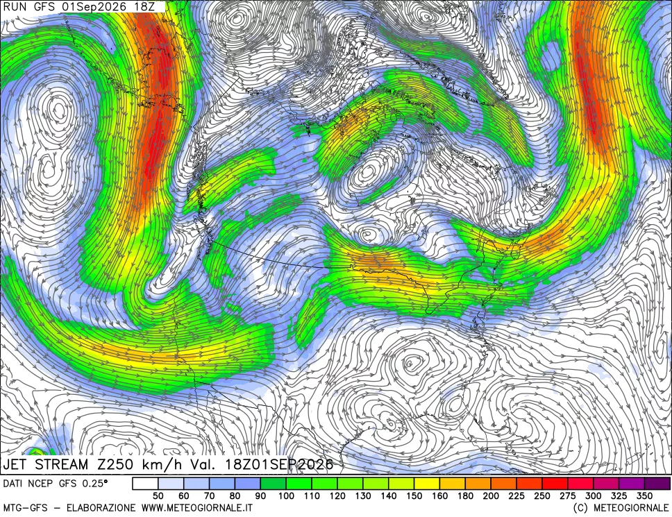 mappa 250 hPa Jet stream