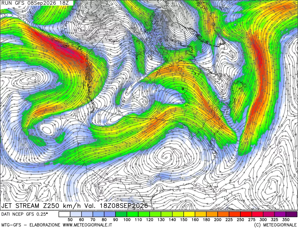 mappa 250 hPa Jet stream