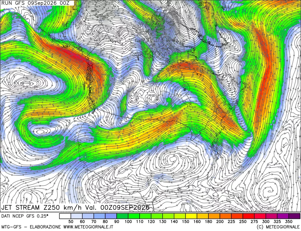 mappa 250 hPa Jet stream