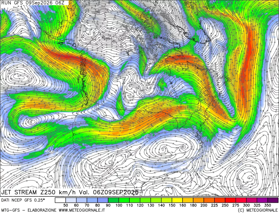 mappa 250 hPa Jet stream