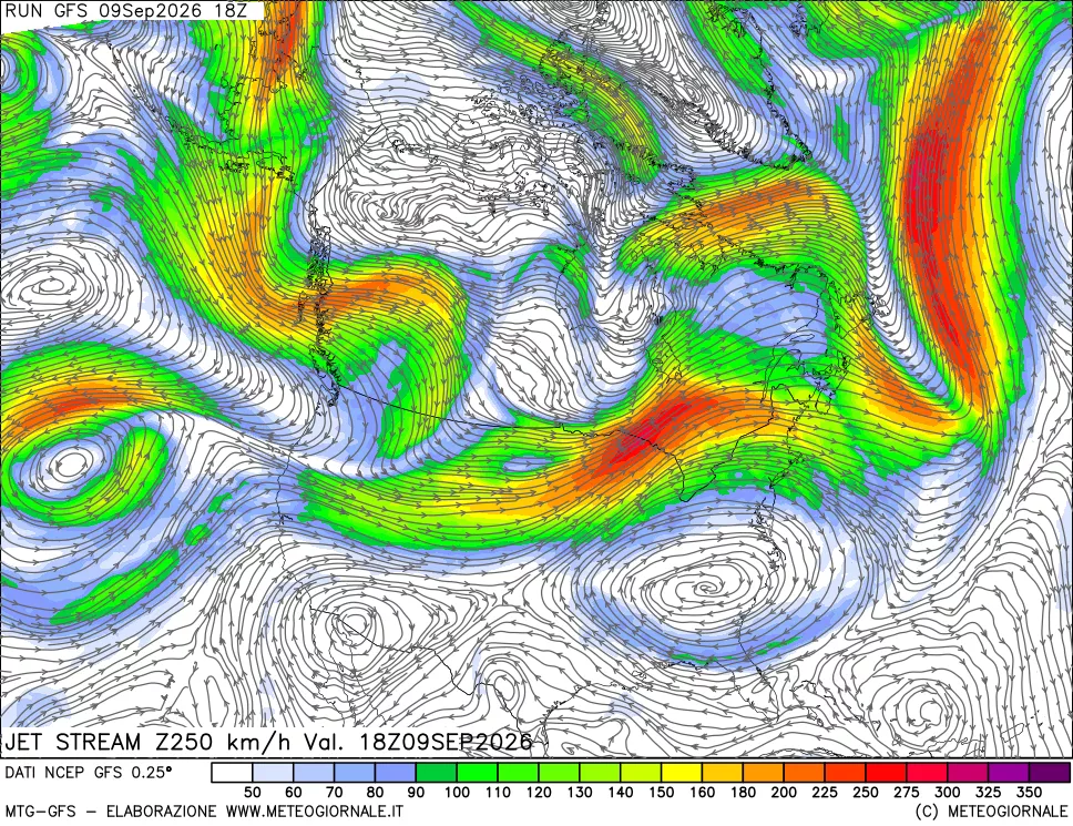 mappa 250 hPa Jet stream