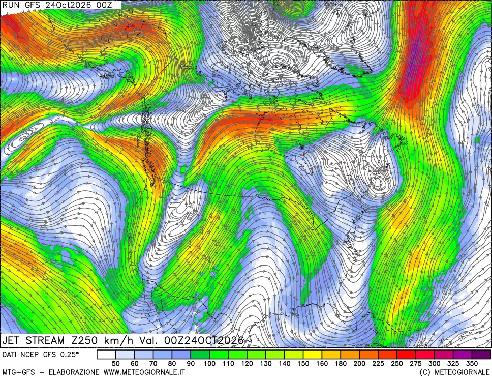 mappa 250 hPa Jet stream
