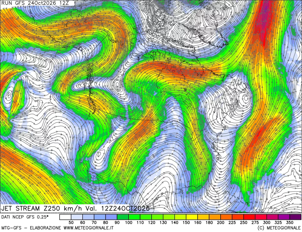 mappa 250 hPa Jet stream