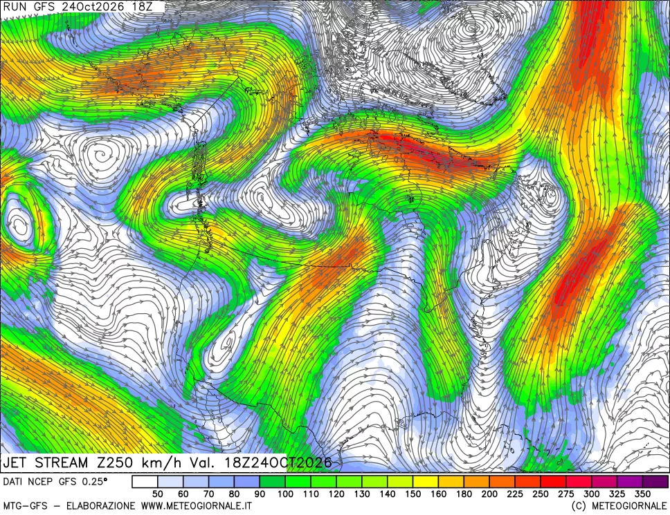 mappa 250 hPa Jet stream