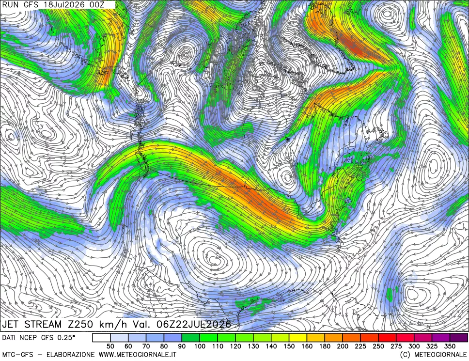 mappa 250 hPa Jet stream