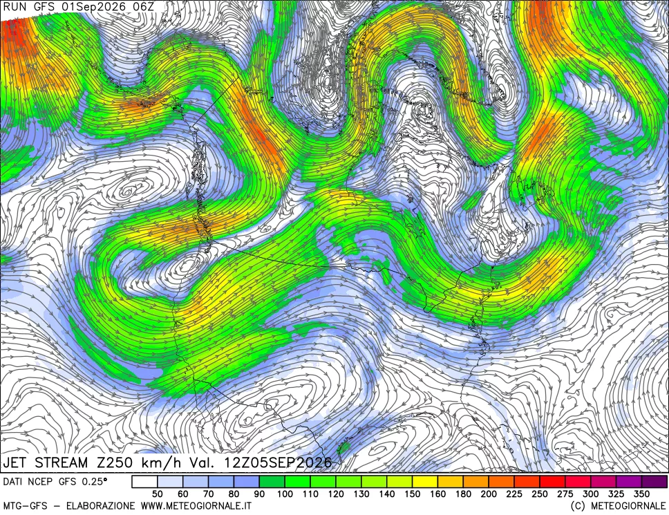 mappa 250 hPa Jet stream