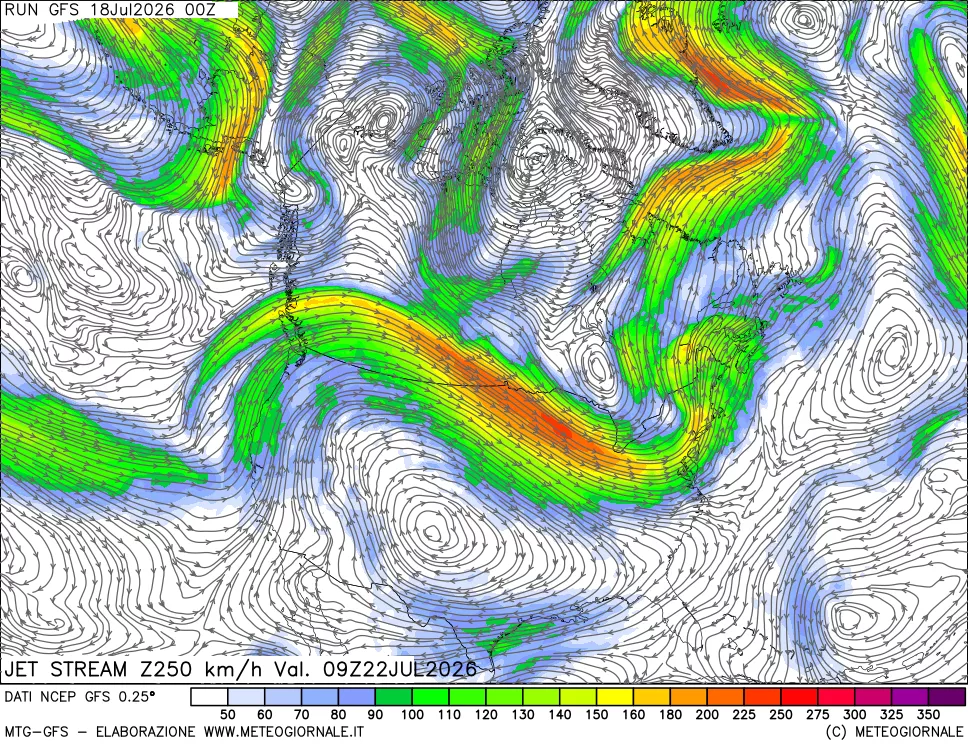 mappa 250 hPa Jet stream