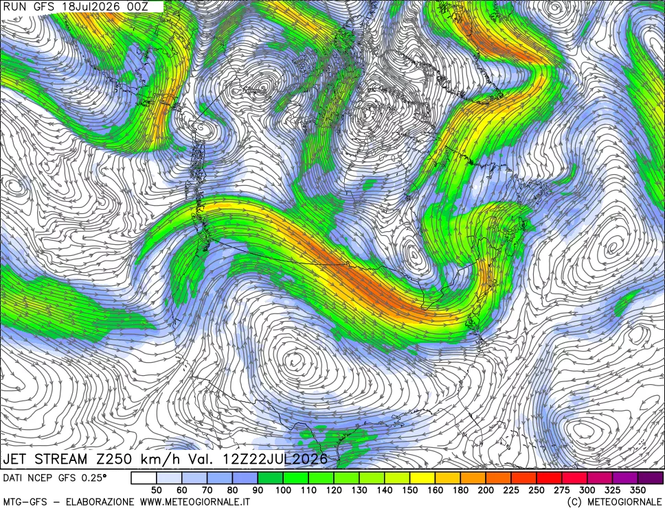 mappa 250 hPa Jet stream