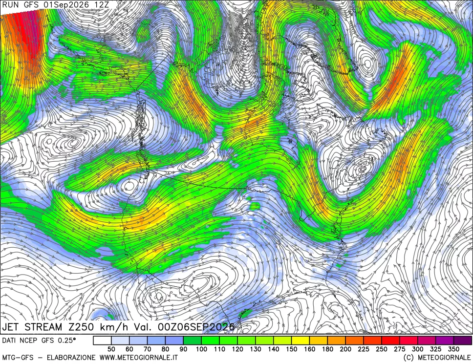 mappa 250 hPa Jet stream