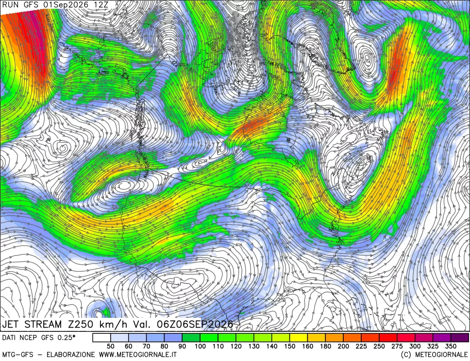mappa 250 hPa Jet stream