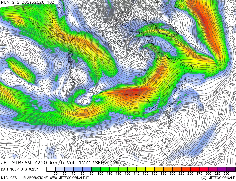 mappa 250 hPa Jet stream