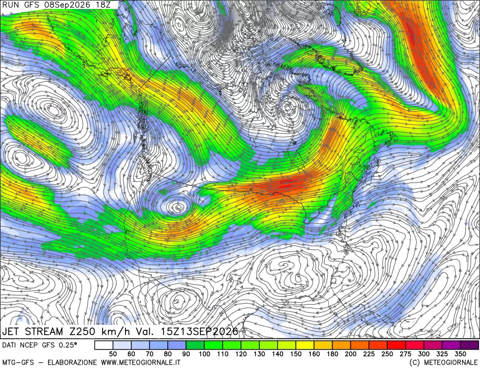 mappa 250 hPa Jet stream