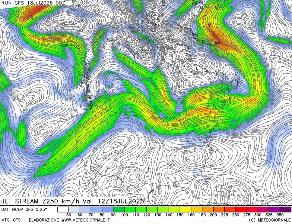 mappa 250 hPa Jet stream
