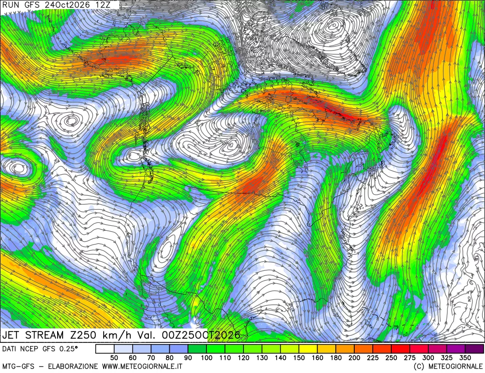 mappa 250 hPa Jet stream
