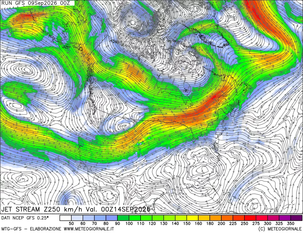 mappa 250 hPa Jet stream