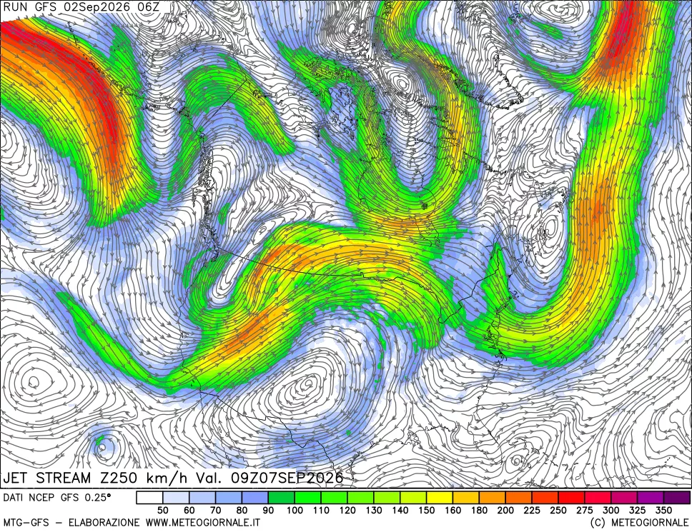 mappa 250 hPa Jet stream