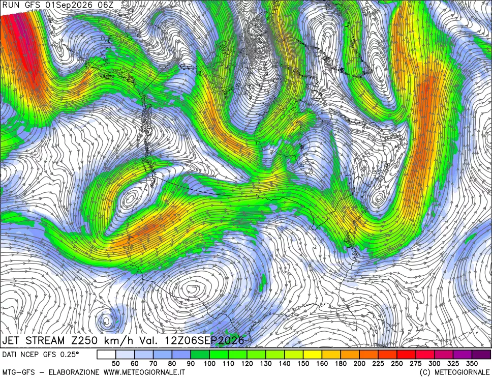 mappa 250 hPa Jet stream