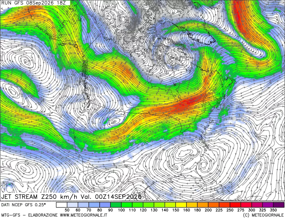 mappa 250 hPa Jet stream