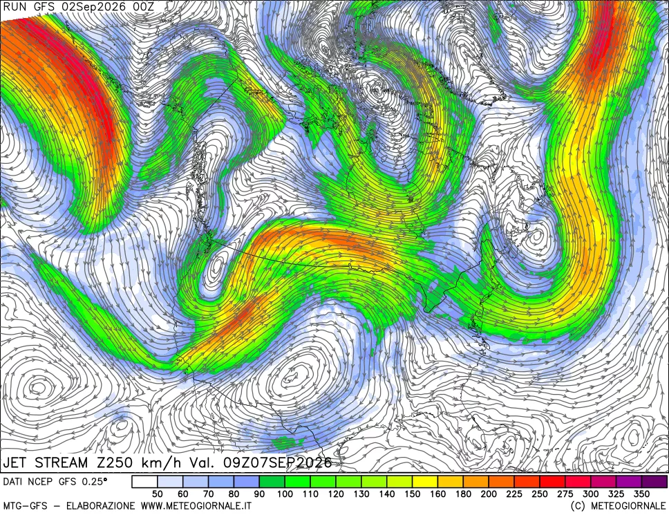 mappa 250 hPa Jet stream
