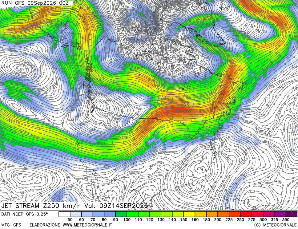mappa 250 hPa Jet stream