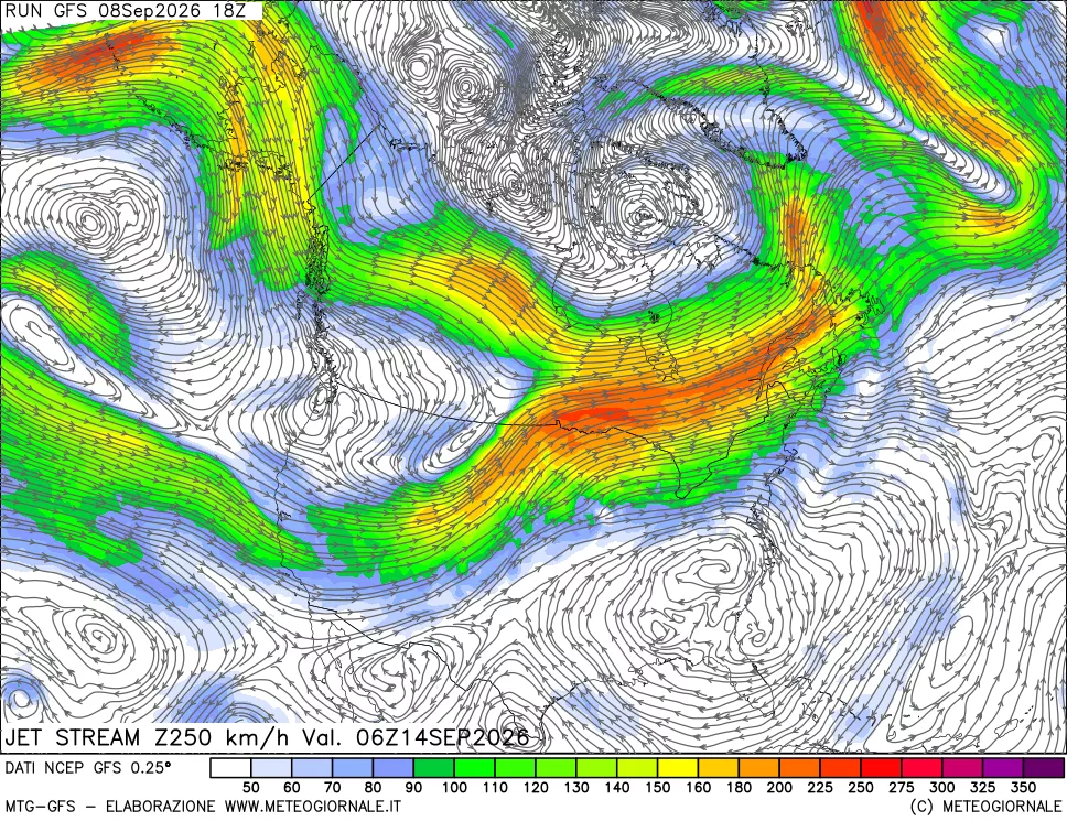mappa 250 hPa Jet stream