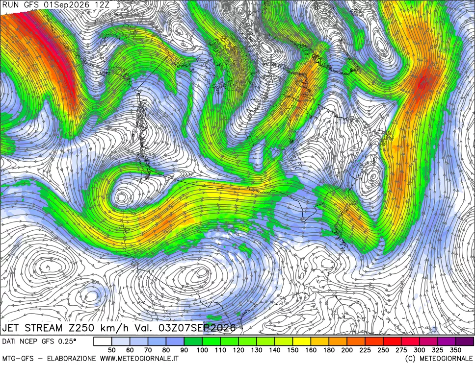 mappa 250 hPa Jet stream