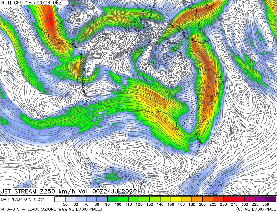 mappa 250 hPa Jet stream