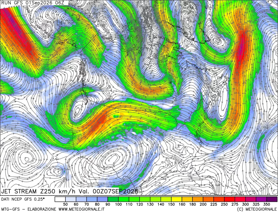 mappa 250 hPa Jet stream