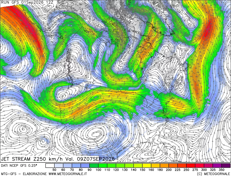 mappa 250 hPa Jet stream