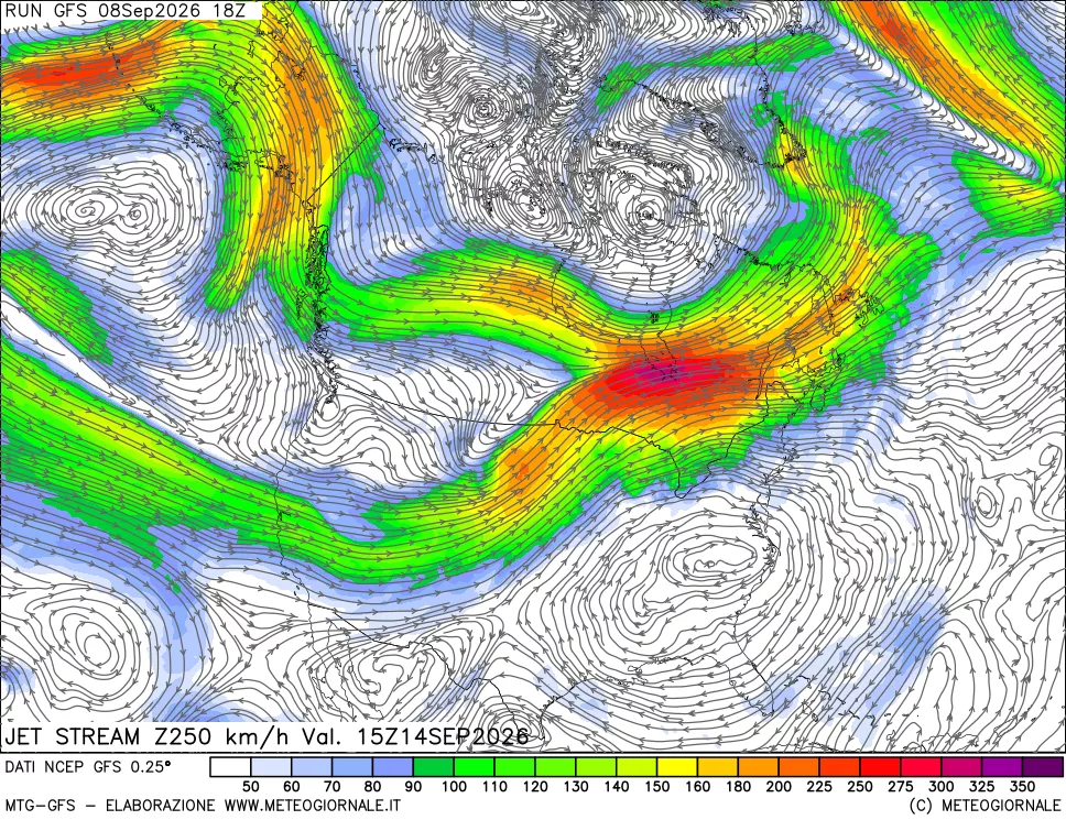 mappa 250 hPa Jet stream