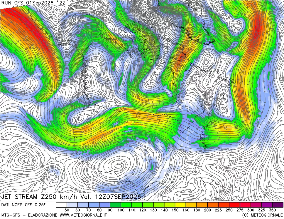 mappa 250 hPa Jet stream