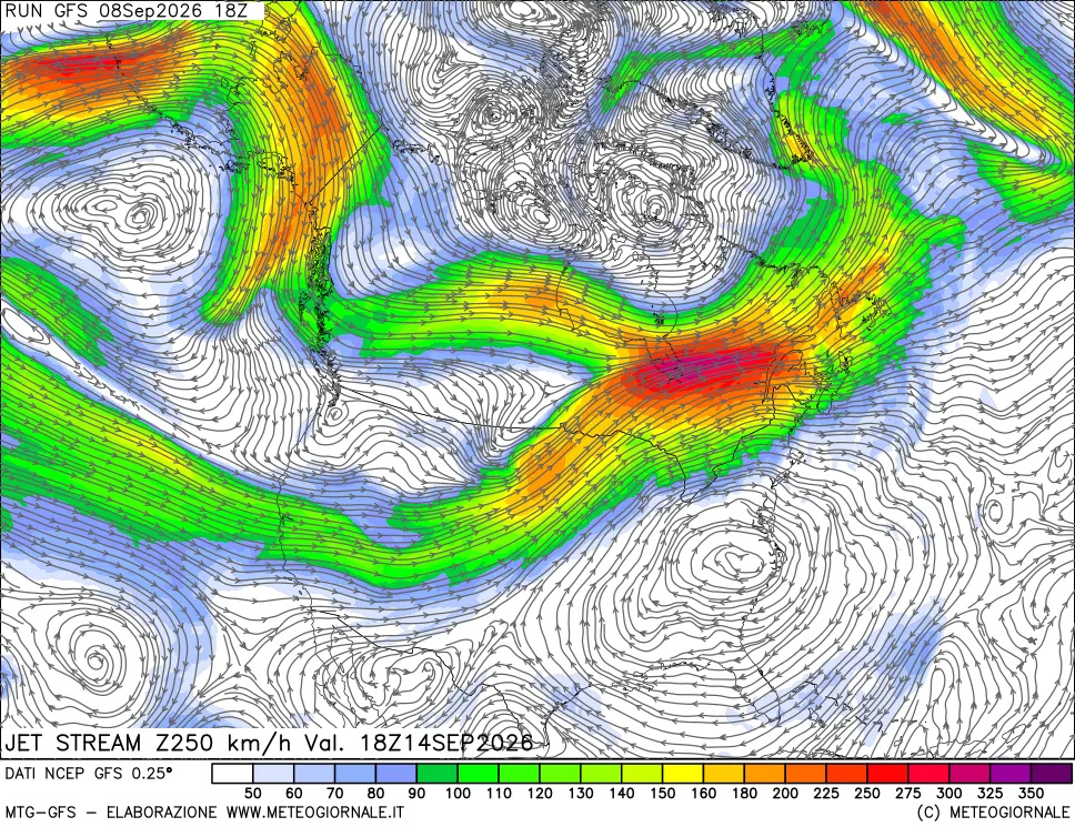 mappa 250 hPa Jet stream