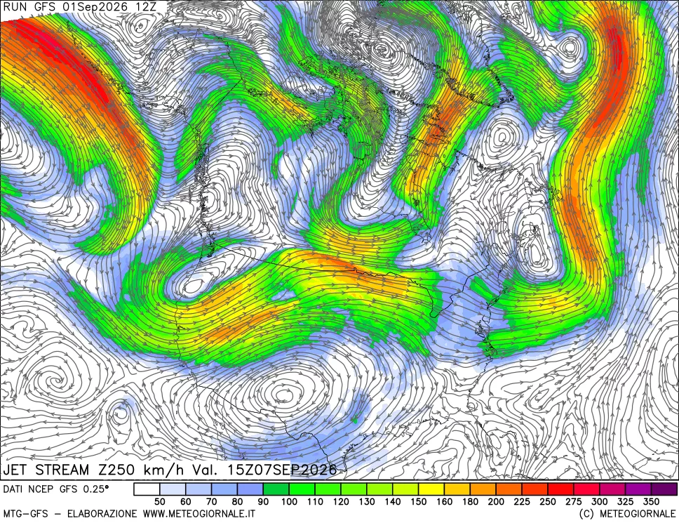 mappa 250 hPa Jet stream