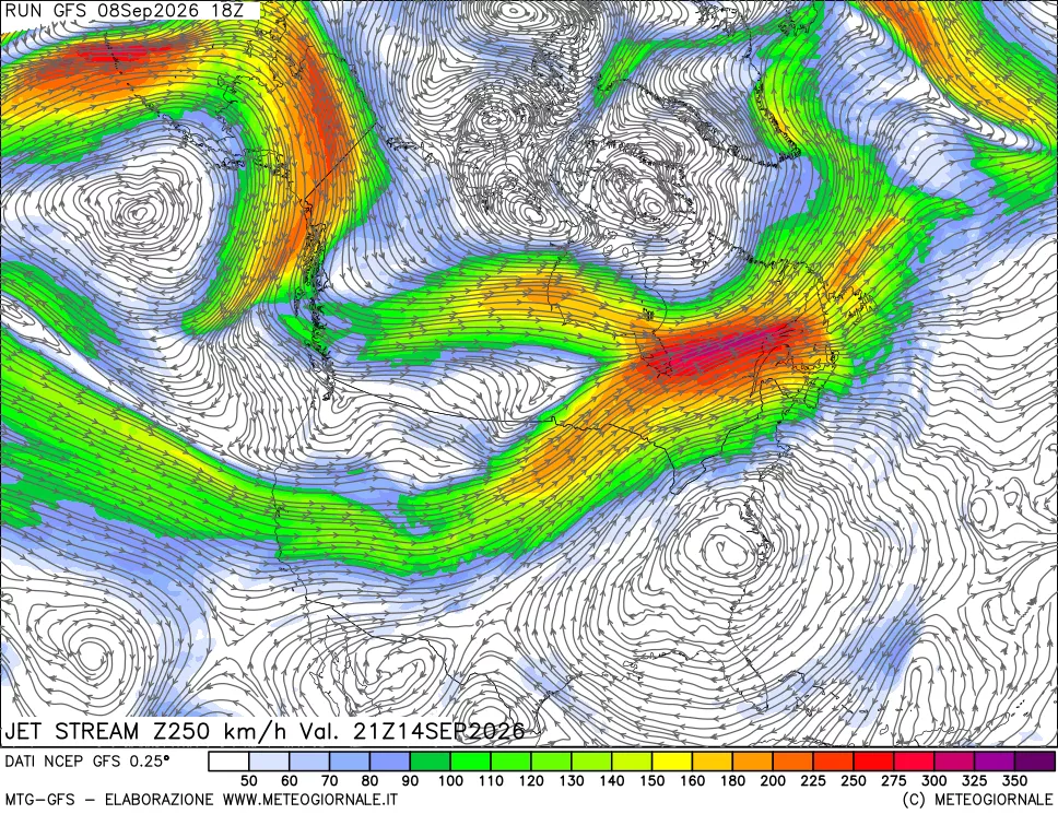 mappa 250 hPa Jet stream