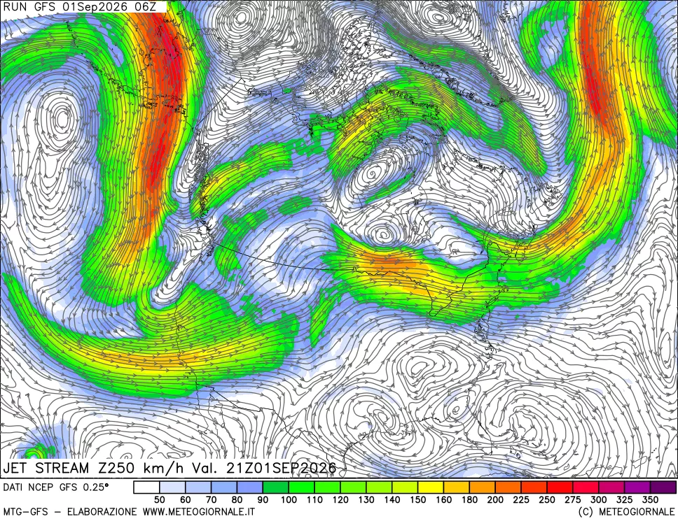 mappa 250 hPa Jet stream
