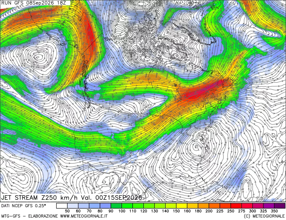 mappa 250 hPa Jet stream