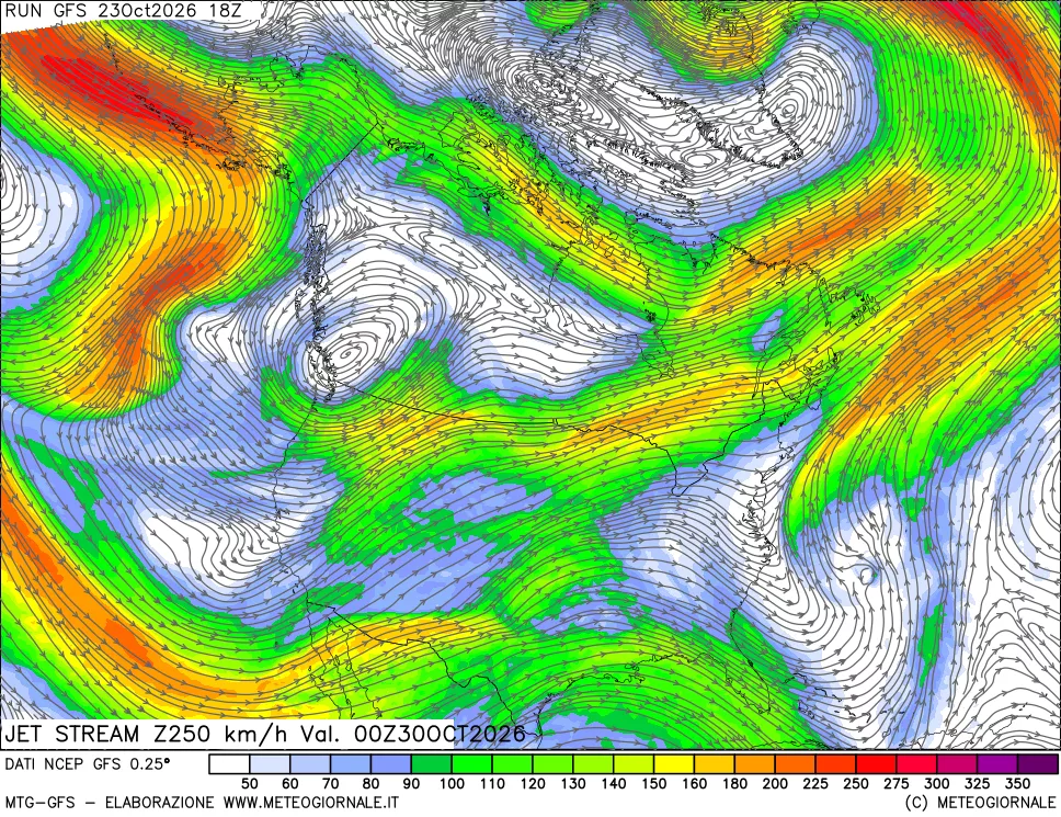 mappa 250 hPa Jet stream