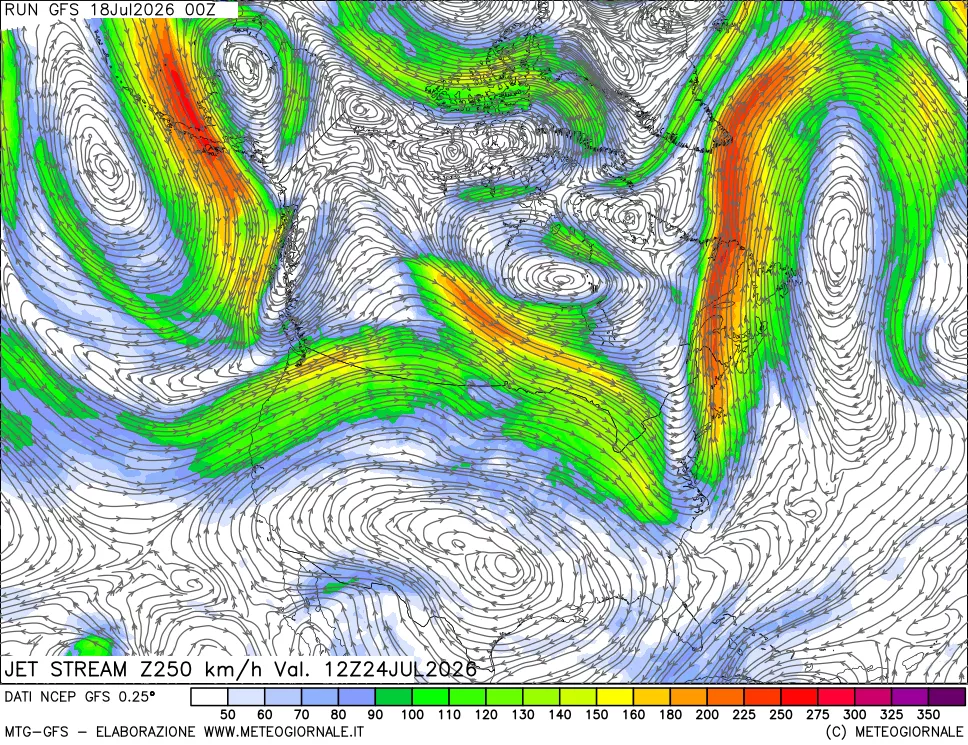 mappa 250 hPa Jet stream